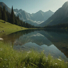 Naklejka premium tranquil mountain lake with forest reflections and towering peaks