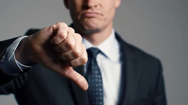 A blurry man in a suit gives a thumbs down, indicating disapproval or rejection, against a plain background