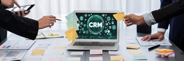 Analyst team use sticky note for creative and analytic brainstorm for business idea with BI data...