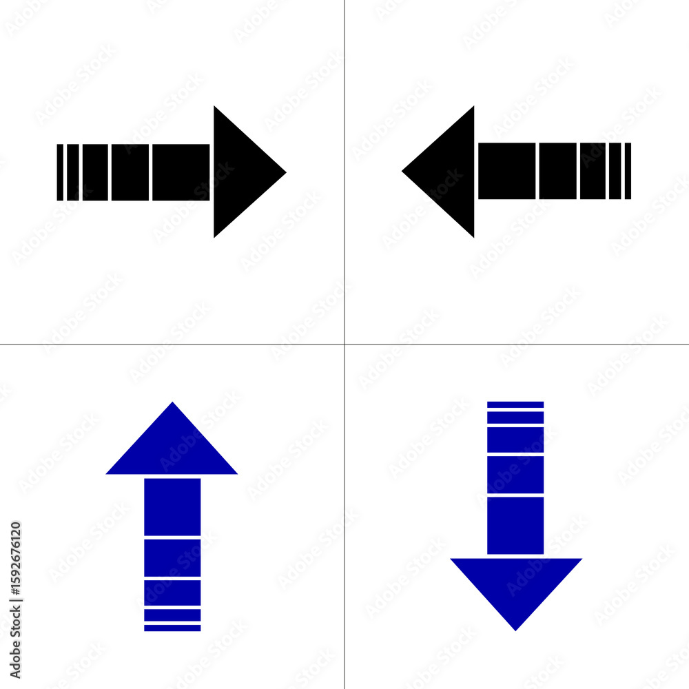 Fototapete two up and down blue arrows with segmented shafts on black background visual