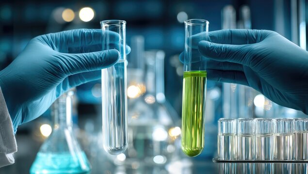 Two hands in blue gloves hold test tubes, one with clear liquid, the other with green liquid, in a laboratory setting