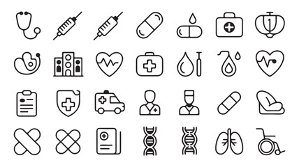 "Healthcare and Medical Icons &ndash; Stethoscope, Syringe, Medicine, and Emergency Symbols"