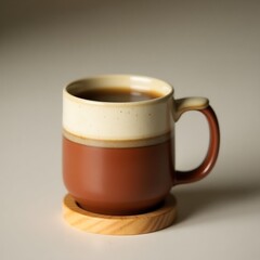 Two-Tone Ceramic Mug on Wooden Coaster – Minimalist Rustic Aesthetic with Warm Earthy Tones