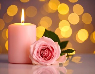 Pink candle and rose on a reflective surface with bokeh