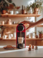 Modern coffee capsule machine preparing fresh espresso in cozy kitchen – lifestyle scene with hand placing cup