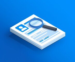 Magnifying glass with documents CV or personal ID card featuring profile picture, HR identity verification and recruitment process