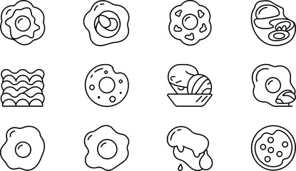 Vector fried egg icons: breakfast food line art illustrations