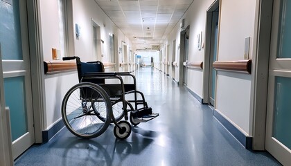 a solitary wheelchair sits in a brightly lit empty hospital corridor conveying themes of healthcare waiting and recovery