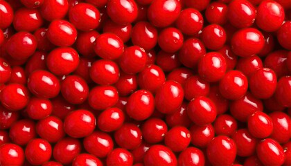 Close-up view of many small, red, round candies
