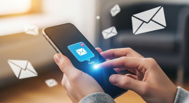 Photo of hands hold a smartphone displaying a glowing new email notification icon, surrounded by floating envelopes, symbolizing digital communication and messaging