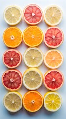 Obraz premium Vibrant slices of citrus fruits arranged in a grid pattern