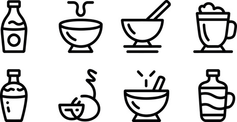 Vector line icons: Drinks, beverages, and mixing bowls set