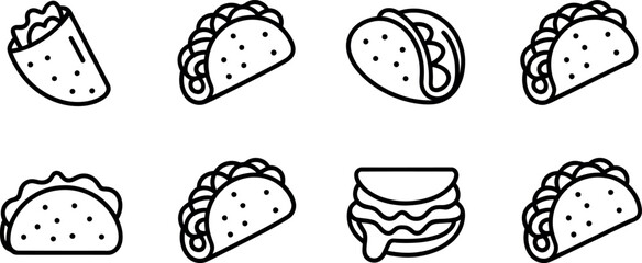Vector Mexican Food Icons: Tacos, Burrito, Line Art Style