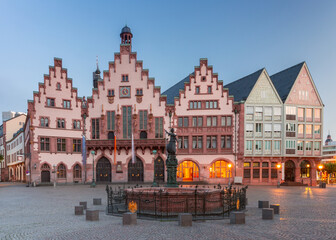 The historic Romer building at dawn in Romerberg Square in Frankfurt am Main Germany