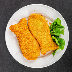Fish sticks fishs shaped breaded fish nuggets fast food fresh delicious gourmet food background on the table rustic food top view copy space