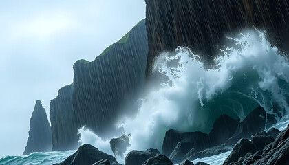 Dramatic ocean waves crash against a rugged, rocky coastline with towering cliffs covered in verdant green moss and stormy skies.