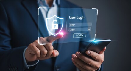 Photo of a businessman uses his smartphone to log into a secure digital system, accessing user data with a virtual interface and fingerprint authentication