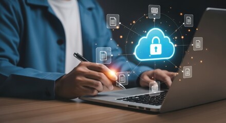 Photo of a person uses a laptop while a glowing, locked cloud icon connects to various documents, representing secure cloud data storage and protection
