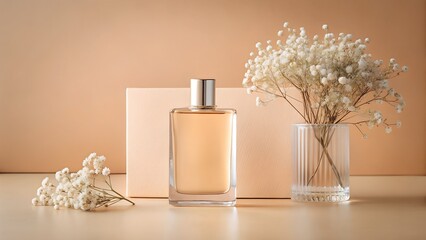 Elegant perfume bottle displayed with delicate dried flowers and a soft background