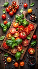 Freshly sliced tomatoes and basil on a wooden cutting board with scattered ingredients