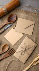Rustic kraft envelopes and wooden utensils on burlap with wheat stalks