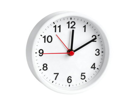 White round wall clock showing time isolated on transparent background