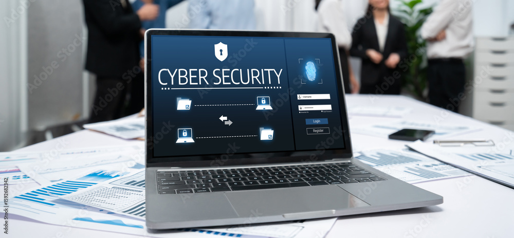 Poster cyber security system on computer screen protect private information brisk from hacker and cyber att
