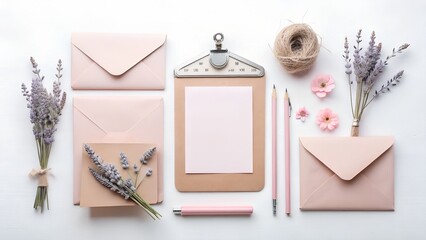 Elegant flat lay of stationery and lavender for a romantic or wedding theme