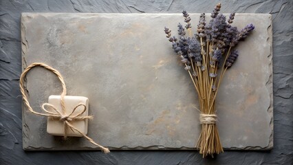 Natural lavender and soap on a slate board for relaxation and skincare