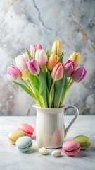 A vibrant bouquet of spring tulips and colorful macarons on a textured surface