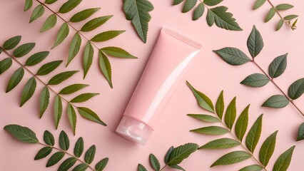 Natural skincare product with fresh green leaves on a soft pink background
