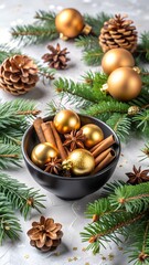 Festive holiday arrangement with golden ornaments cinnamon sticks and pine cones