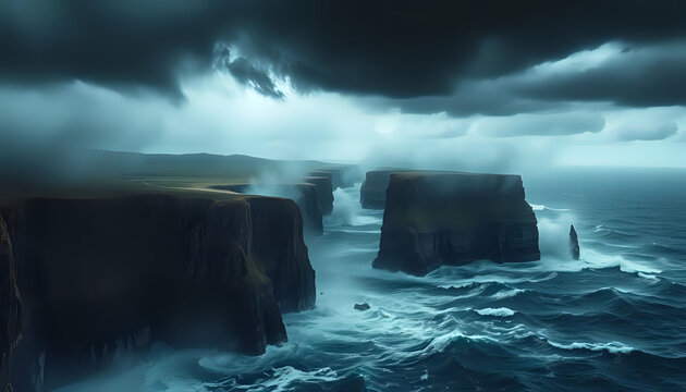 Dramatic coastal scenery shows rugged cliffs battered by ocean waves under a stormy sky creating a sense of power and wildness.
