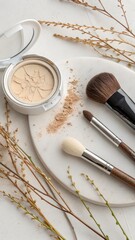 Elegant makeup flat lay featuring highlighter compact and brushes with delicate floral accents