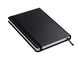Closed black notebook with elastic band and bookmark isolated on transparent background