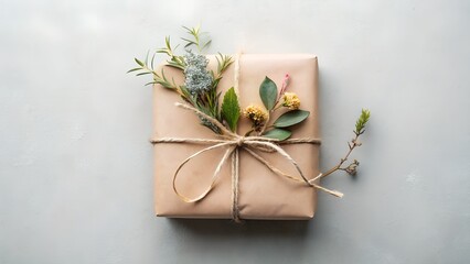 Beautifully wrapped gift box adorned with fresh natural flowers and greenery