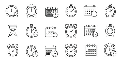 Simple linear time icons collection: clocks, calendars, and hourglasses