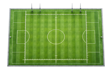 An aerial view of a vibrant green soccer field with white lines and goal posts, ready for a game isolated on transparent background