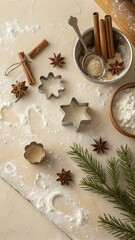Christmas baking ingredients and tools spread out on a lightly floured surface
