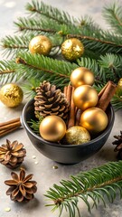 Festive golden christmas ornaments and pinecones in a bowl surrounded by fir branches