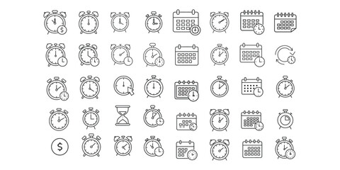 Linear style clocks and calendar icons for time management concepts