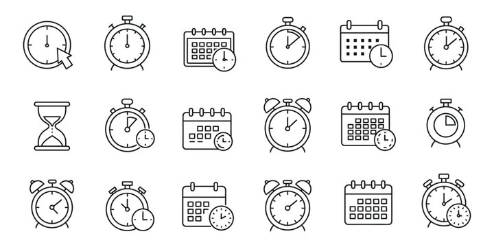 Simple linear time icons collection: clocks, calendars, and hourglasses