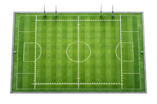 An aerial view of a vibrant green soccer field with white lines and goal posts, ready for a game isolated on transparent background