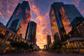 Cityscape Silhouette at Dawn: The towering silhouette of a city skyline is set against a vibrant canvas of a sunrise, casting long shadows and creating a stark contrast of light and dark. 