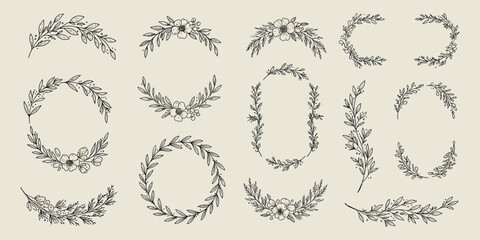 Obraz premium Elegant hand drawn botanical wreaths with floral elements