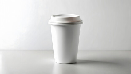 A white disposable coffee cup with a lid sitting on a white surface in front of a white background