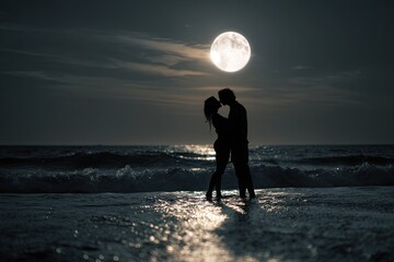 Silhouette couple embracing at moonlight beach