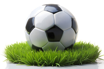 A classic black and white soccer ball resting on a patch of vibrant green grass, illuminated by sunlight isolated on transparent background