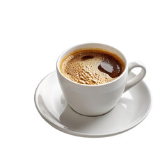 Obraz premium Rich coffee served in a simple white cup with saucer, showcasing smooth foam and steaming warmth in a minimalist style