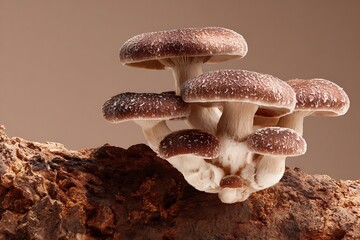 Cluster of shiitake mushrooms growing on an old tree log with brown background